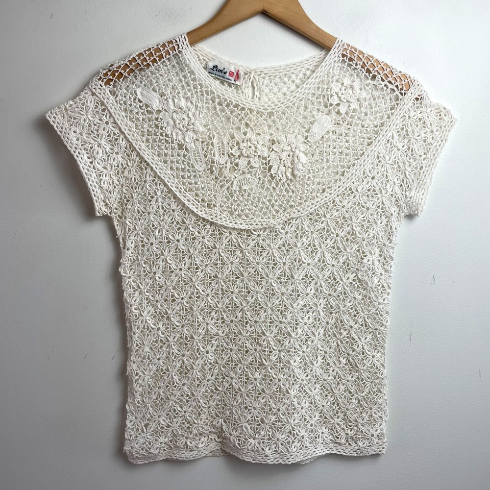 Vintage Crochet Lace Sheer Top Sz Medium Boho Euro Summer Parisian Floral White